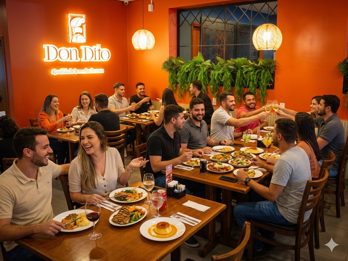 Clientes aproveitando o rodízio no salão do Don Dito